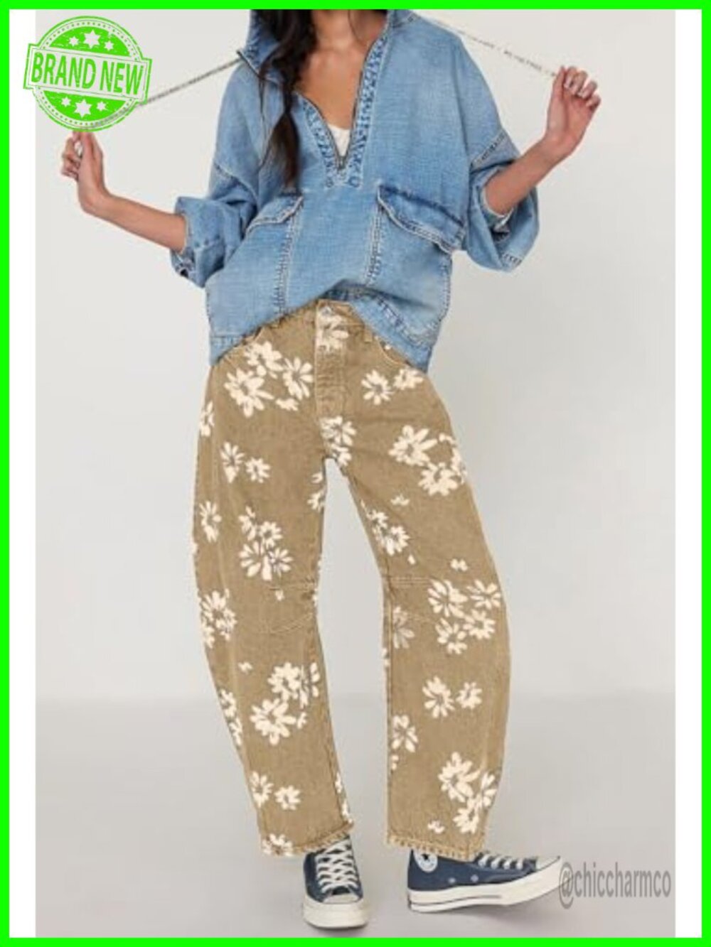 Y2k Distressed Barrel Jeans Floral Printed Patchwork Denim Pants - Picture 4 of 7
